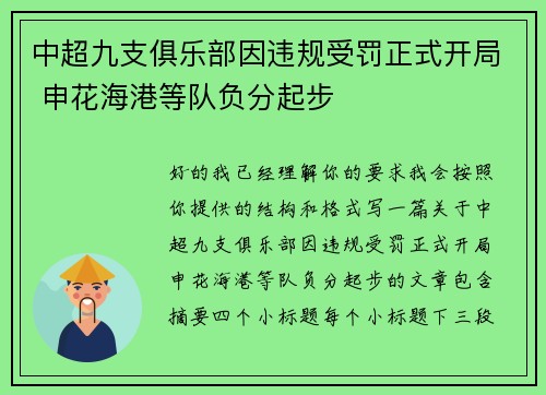 中超九支俱乐部因违规受罚正式开局 申花海港等队负分起步 中超九支俱乐部因违规受罚正式开局 申花海港等队负分起步