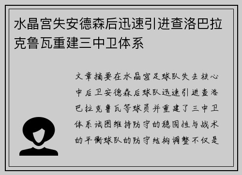 水晶宫失安德森后迅速引进查洛巴拉克鲁瓦重建三中卫体系